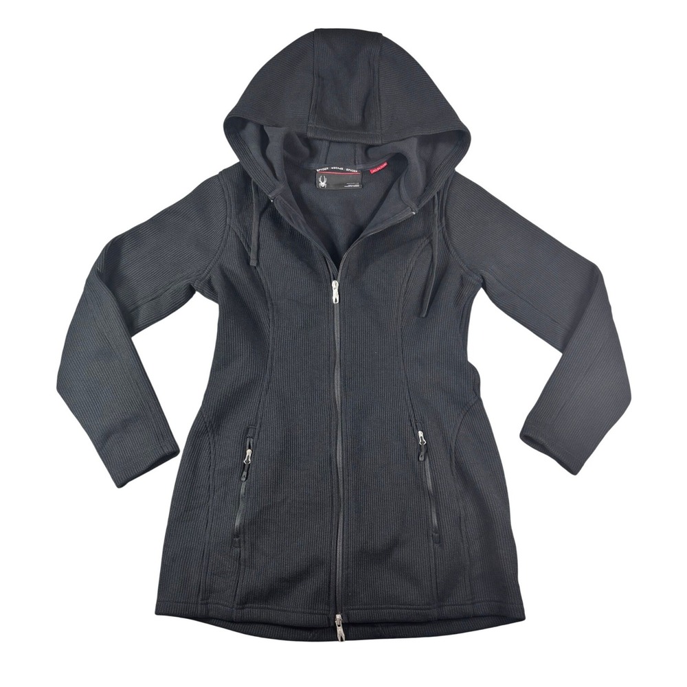Spyder Womens Black Waffle Knit Full Zip Fleece Lined Longline Hoodie Jacket L